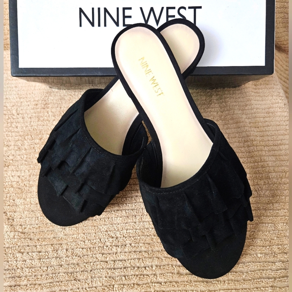 Black Suade Leather Open Toe Sandals By "Nine West" New (No Tags)